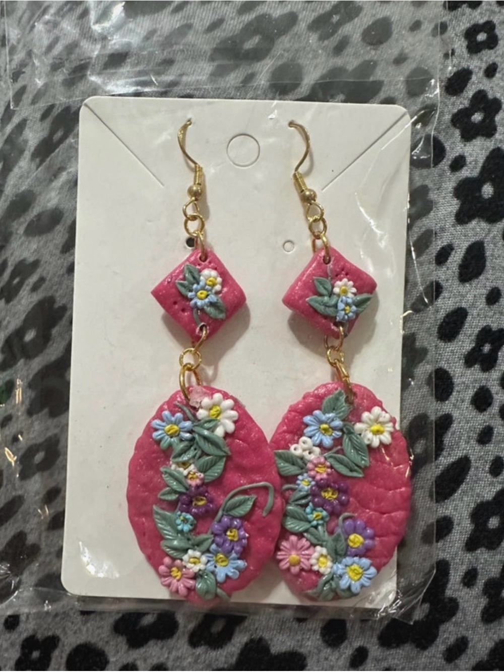Pink Floral Dangle Earrings with Gold-Tone Hooks
